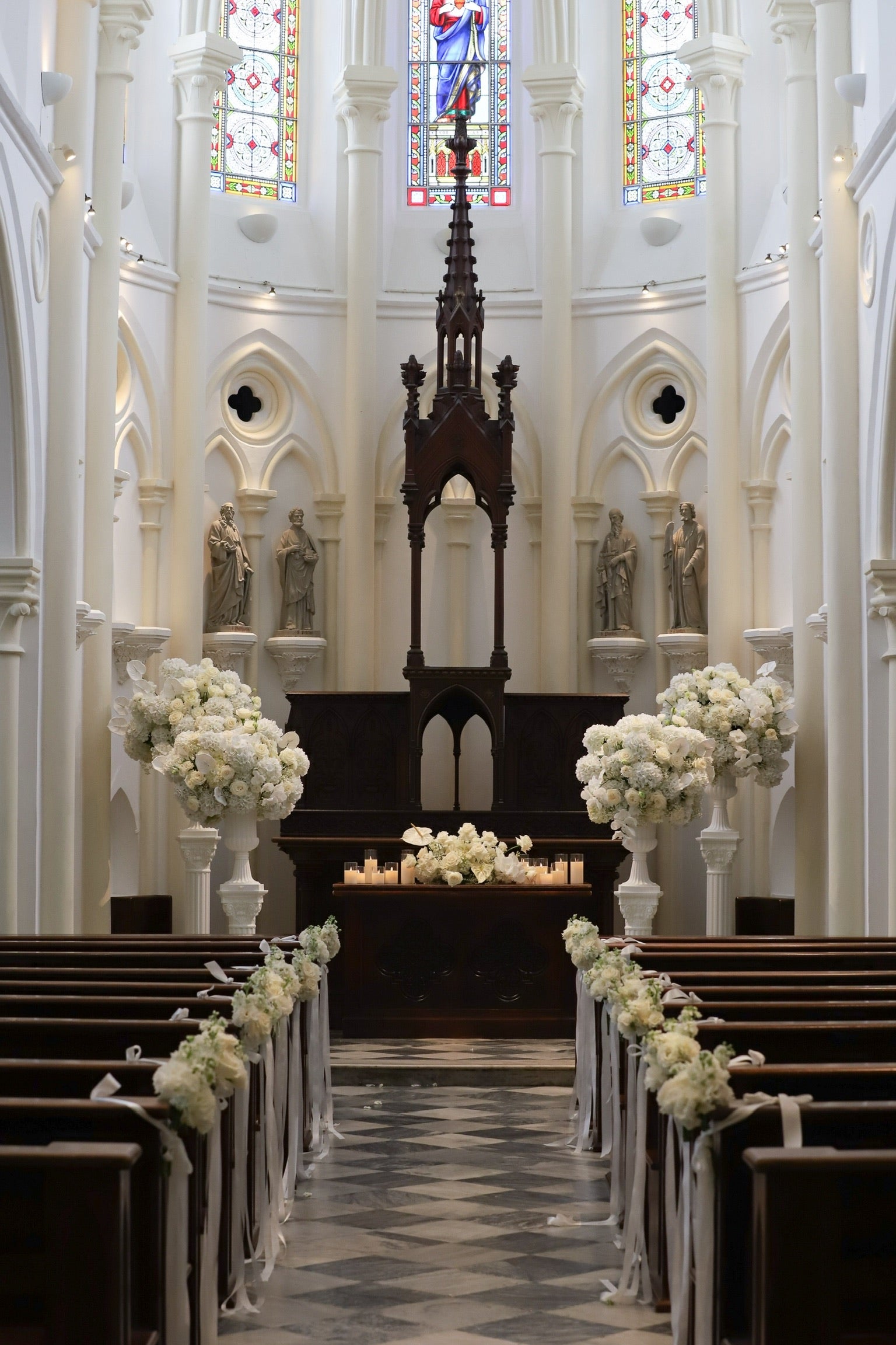 The Altar Suite Floral Installation with Hydrangeas, Orchids, Roses, Anthuriums, Eustomas, and Stocks by Just Bloom Hong Kong