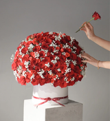 Red flower box by Just bloom × Hong Kong Florist, showcasing an elegant, romantic, eye-catching, passionate, grand, and abundant style, featuring high-quality Ecuadorian roses as the sole flower material.