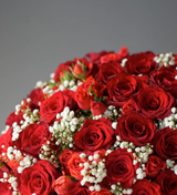 Red flower box by Just bloom × Hong Kong Florist, showcasing an elegant, romantic, eye-catching, passionate, grand, and abundant style, featuring high-quality Ecuadorian roses as the sole flower material.