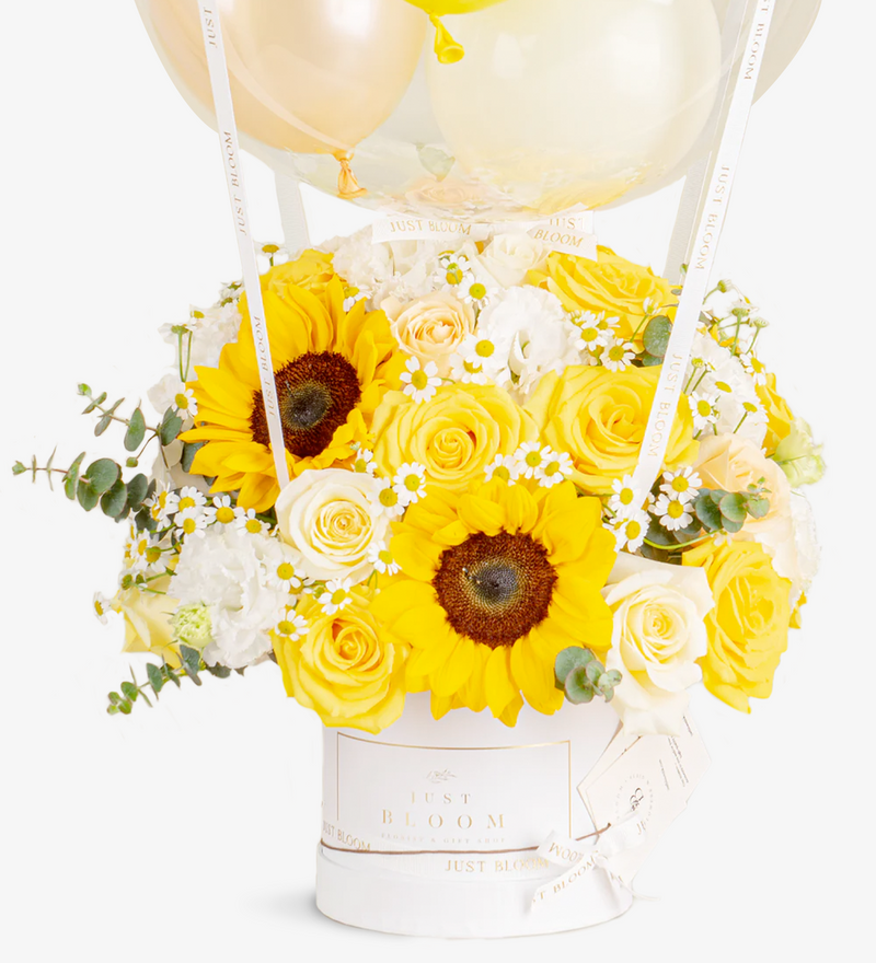 Just bloom × Hong Kong Florist: Sun-kissed Dome Flower Box, premium Ecuadorian roses, Dutch spray roses, chamomiles, sunflowers, and eustomas