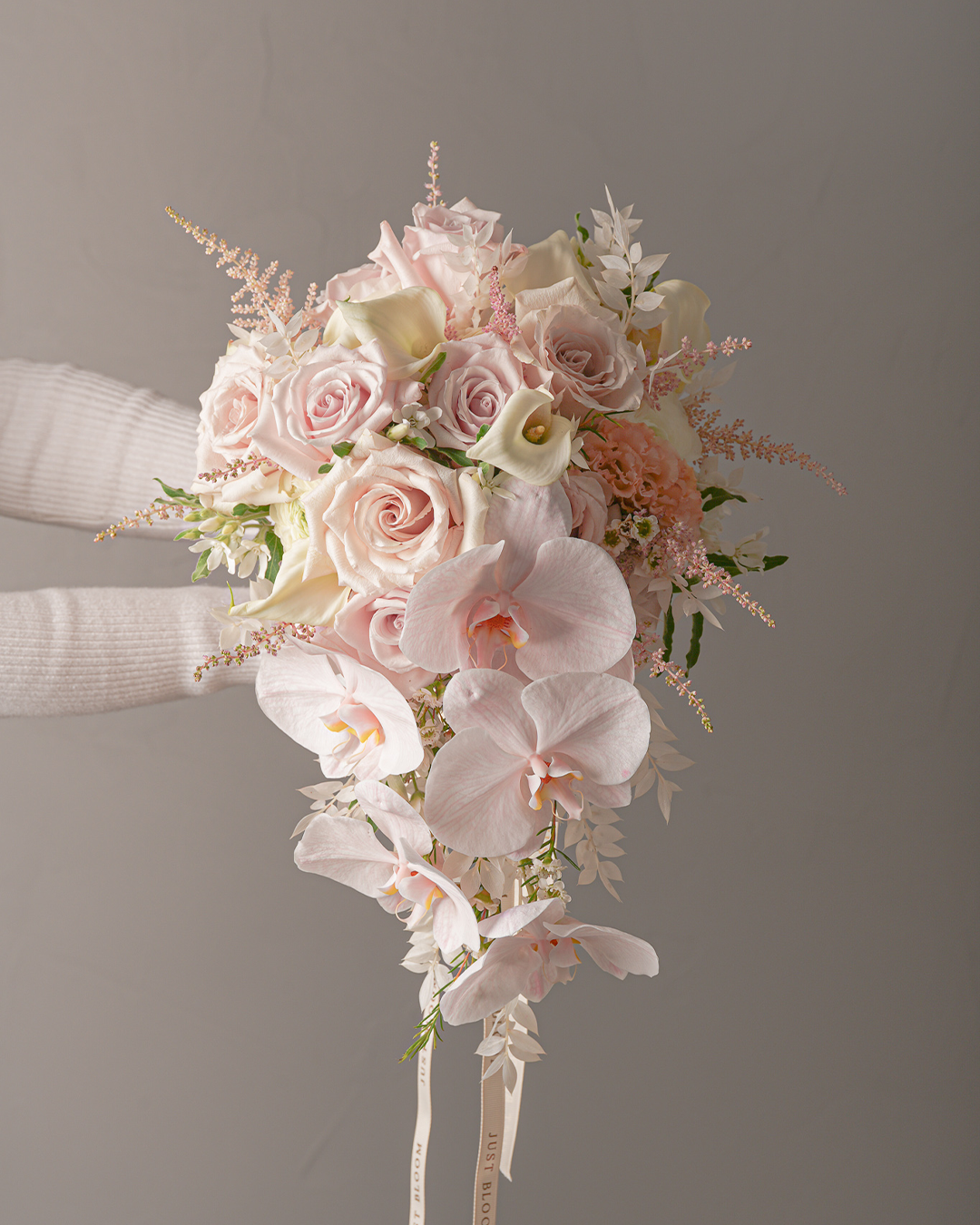 Jordyn cascade pink rose orchid bridal bouquet Ecuador roses calla lilies Hong Kong Just Bloom HK