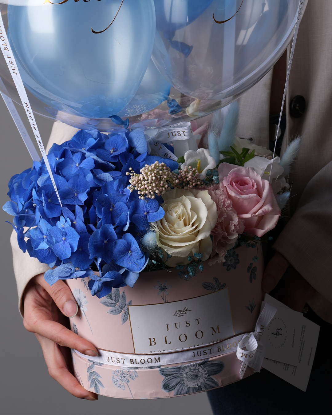 Athena Elegant Blue and Pink Baby Flower Box Arrangement – Detailed Side View by Just Bloom Hong Kong