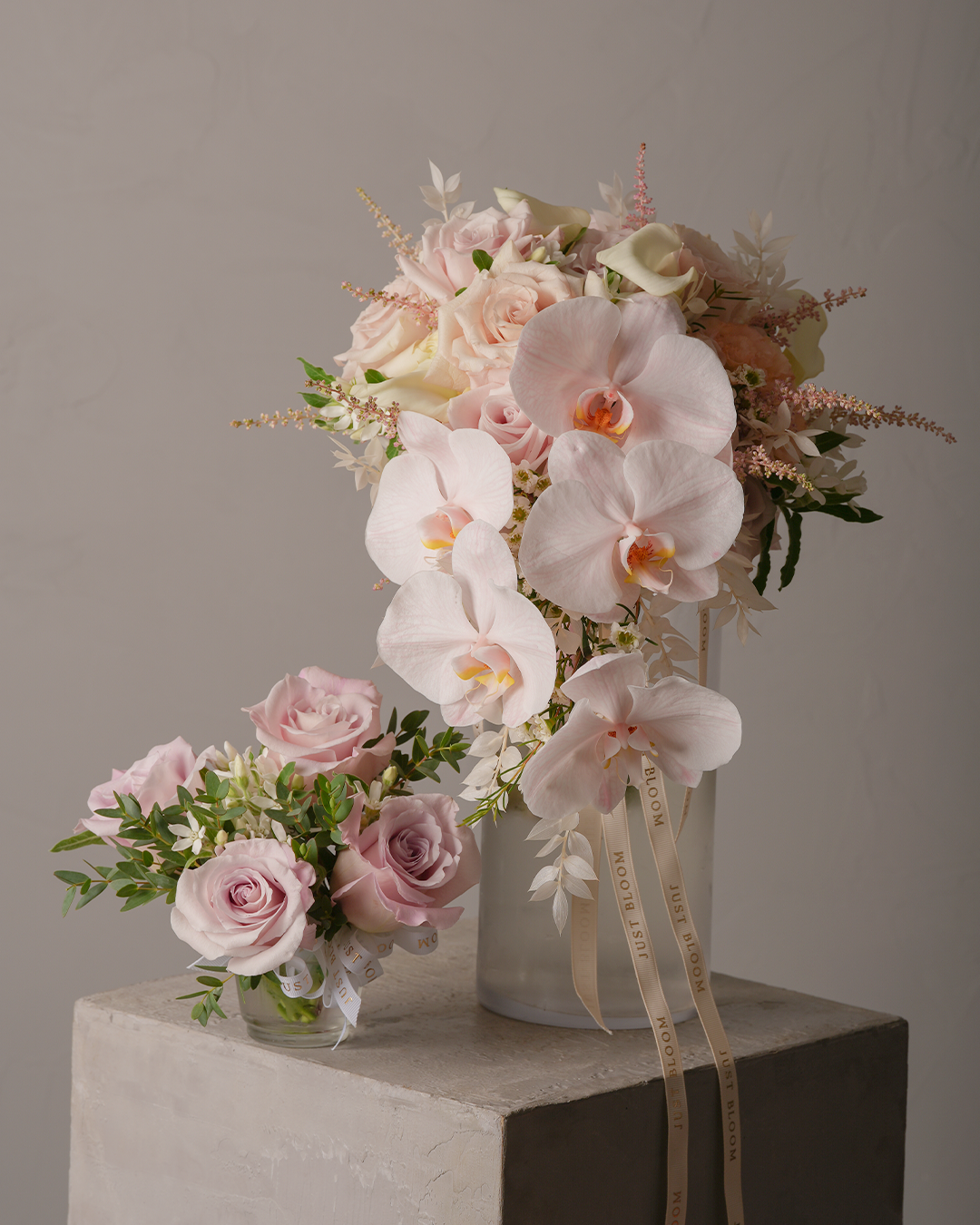 Jordyn cascade bridal bouquet pink roses moth orchids calla lilies premium Dutch flowers Just Bloom HK