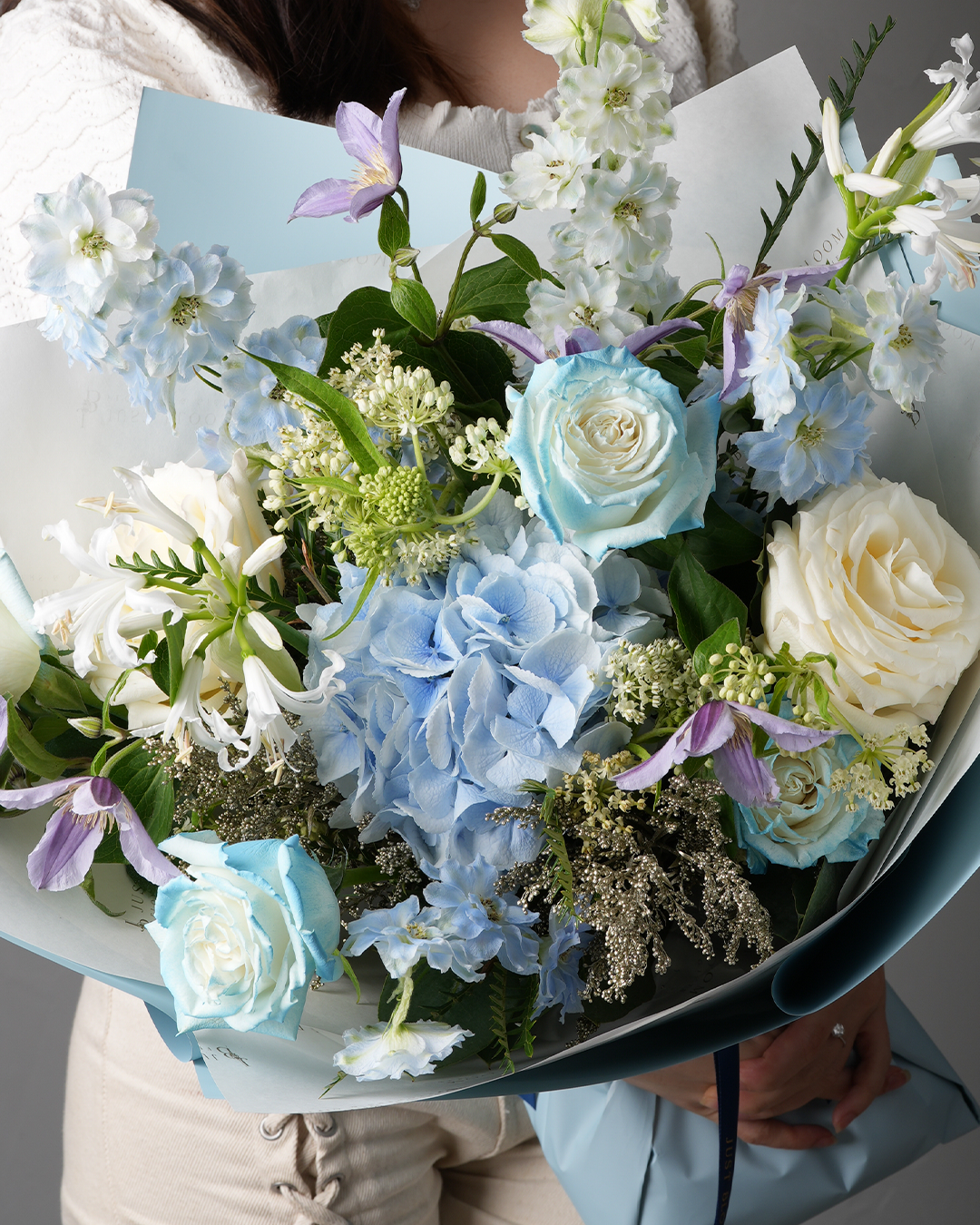Josie fresh blue hydrangea white roses dreamy bouquet elegant arrangement Just Bloom HK