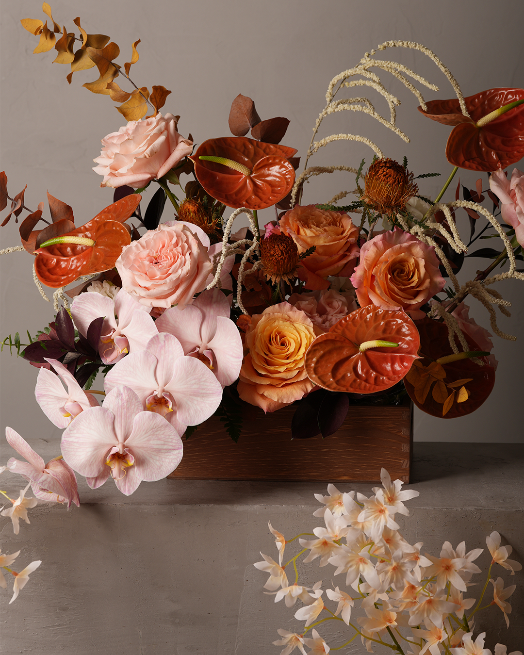 Juliette artistic flower arrangement roses moth orchids anthuriums seasonal design Just Bloom HK