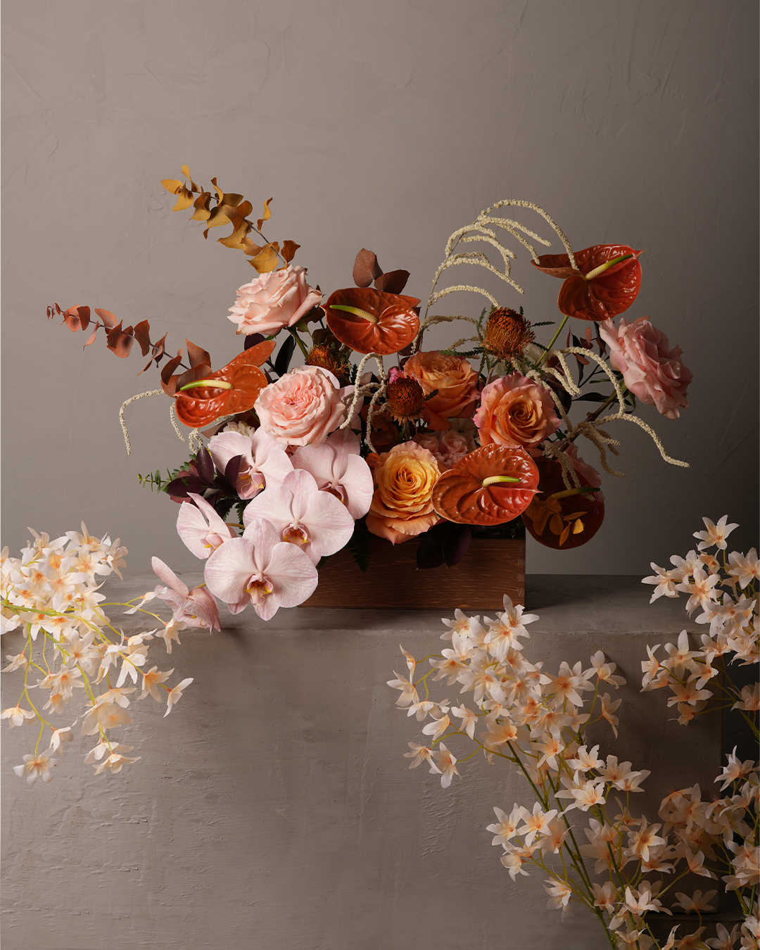 Juliette autumn rose orchid anthurium flower arrangement wooden container Hong Kong Just Bloom HK