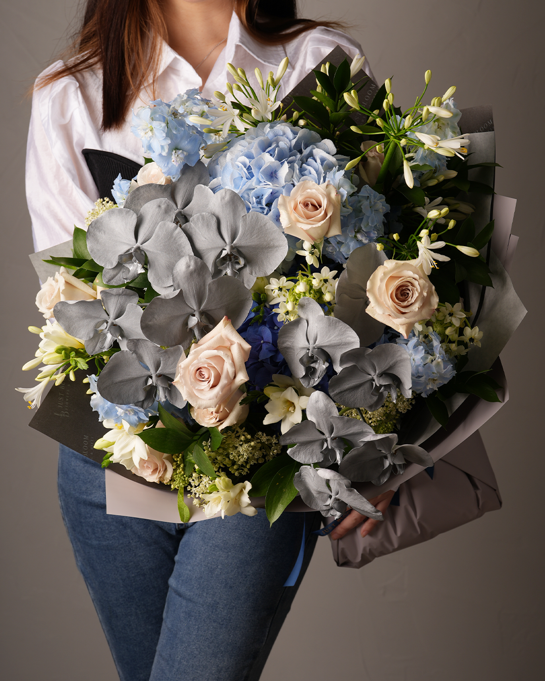 Harmony bouquet featuring silver moth orchids, blue hydrangeas, and blush roses – Just Bloom Hong Kong floral gift