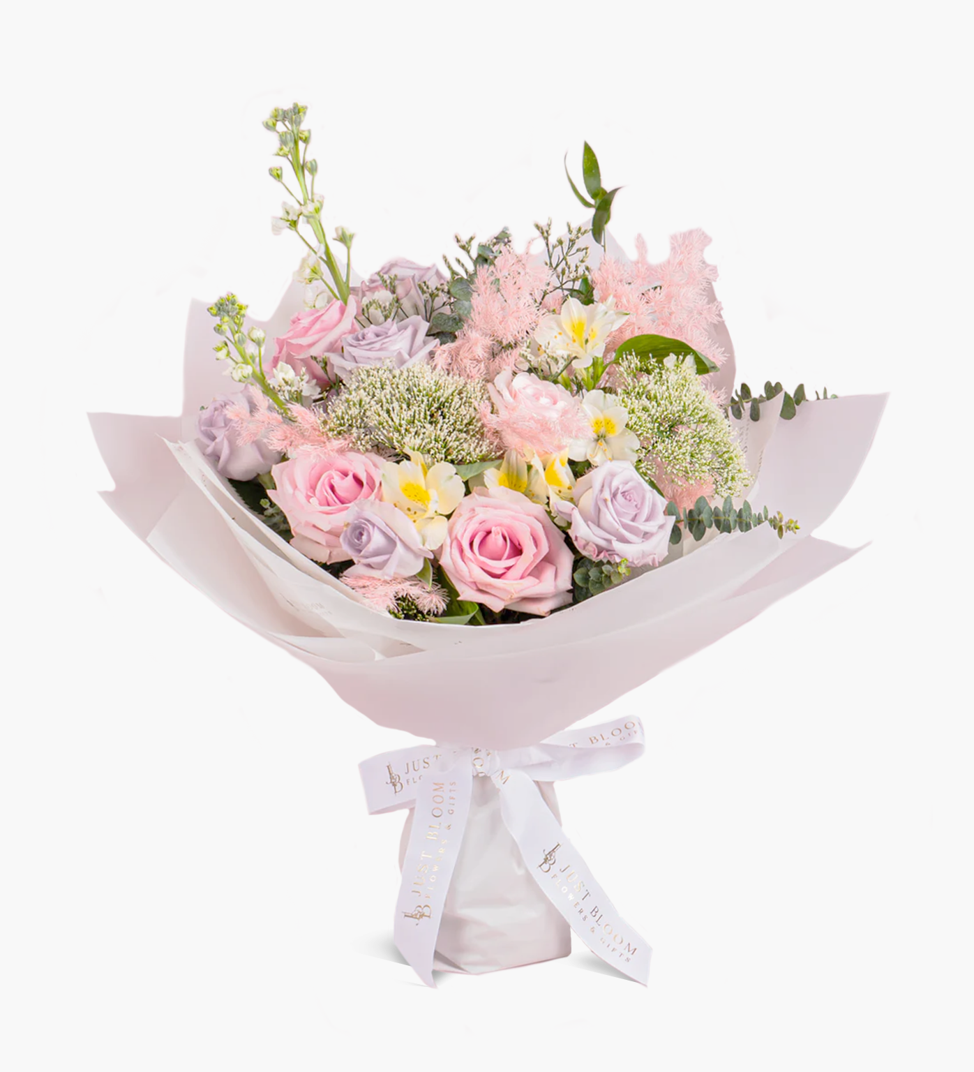 Kisses pink rose and smoke grass romantic bouquet with white wrapping on white background