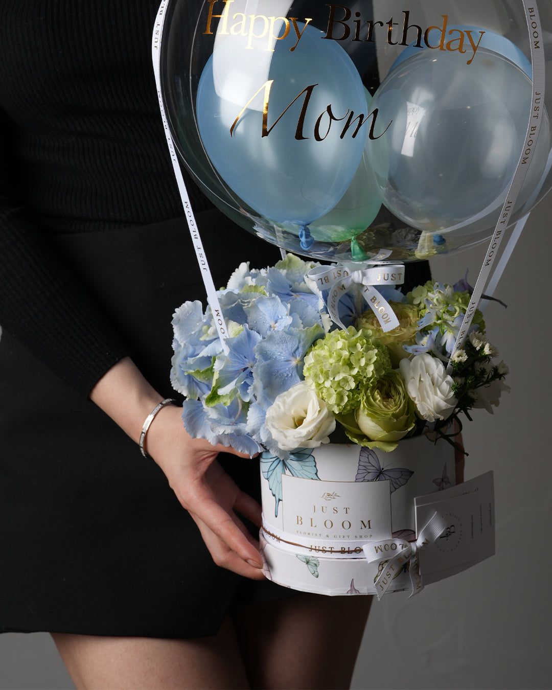 Madeline blue and green hydrangea and rose flower box with crystal birthday balloon