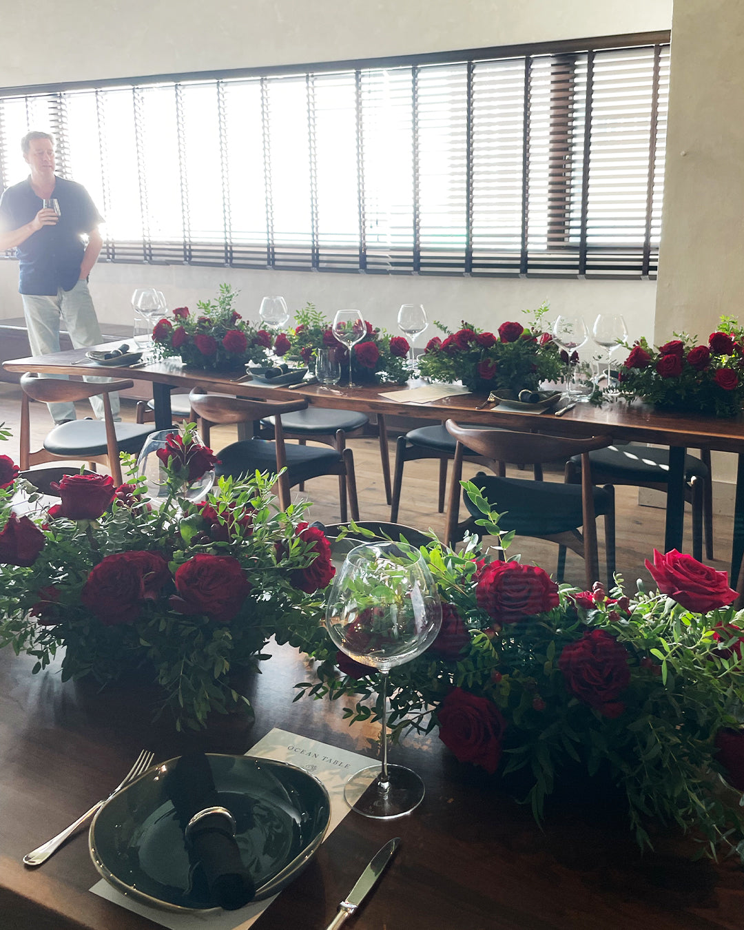 My Heart flower centrepiece with Ecuadorian red roses and rich greenery for dinner table