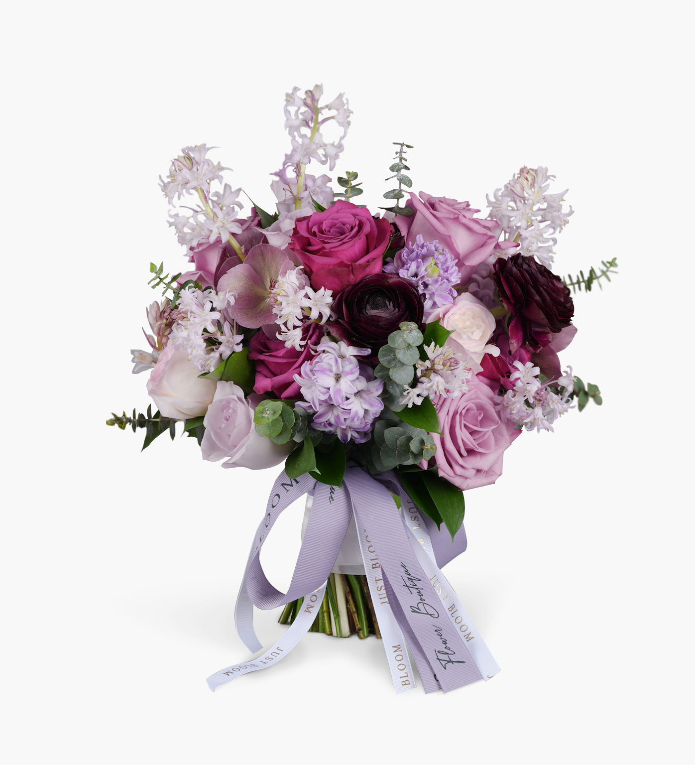 Nina bridal bouquet with mauve roses, plum ranunculus, lilac hyacinths and eucalyptus