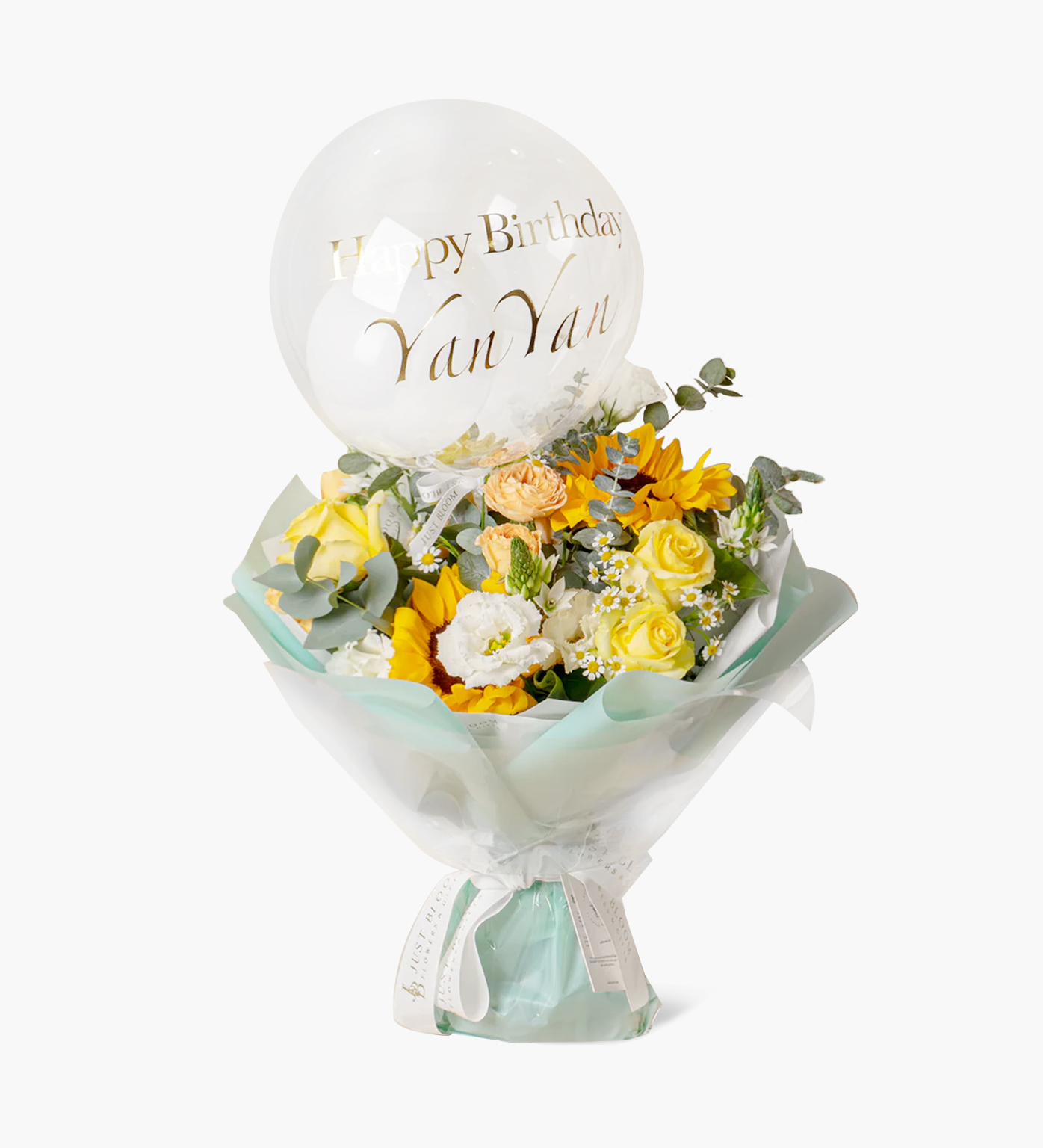 Paige bouquet with sunflowers, yellow roses, white eustomas and chamomiles