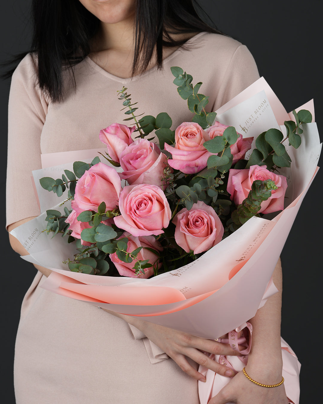Pink Lemonade bouquet with pink garden roses and eucalyptus