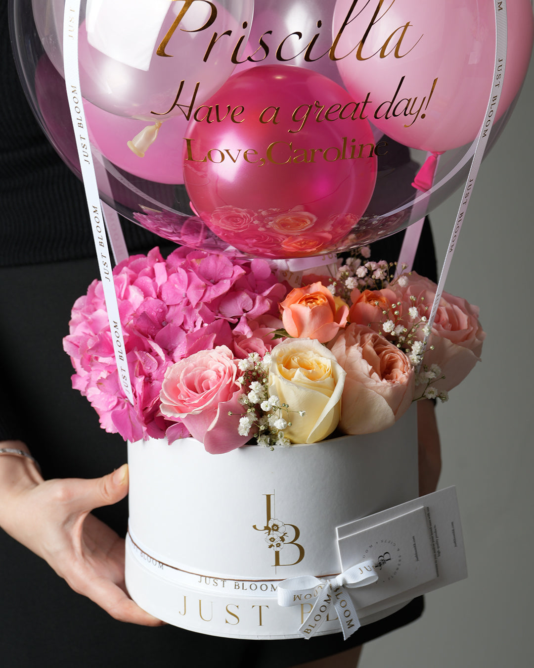 Romantic flower box with pink, blush, and cream roses and hydrangea by Just Bloom – Hong Kong floral gift for anniversary or birthday (balloon sold separately)
