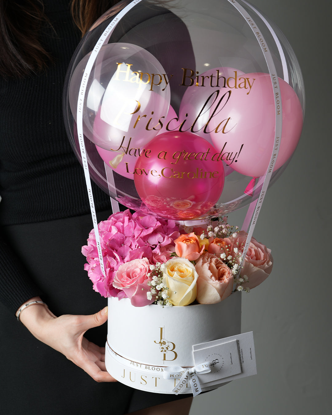 Romantic flower box with pink, blush, and cream roses and hydrangea by Just Bloom – Hong Kong floral gift for anniversary or birthday (balloon sold separately)
