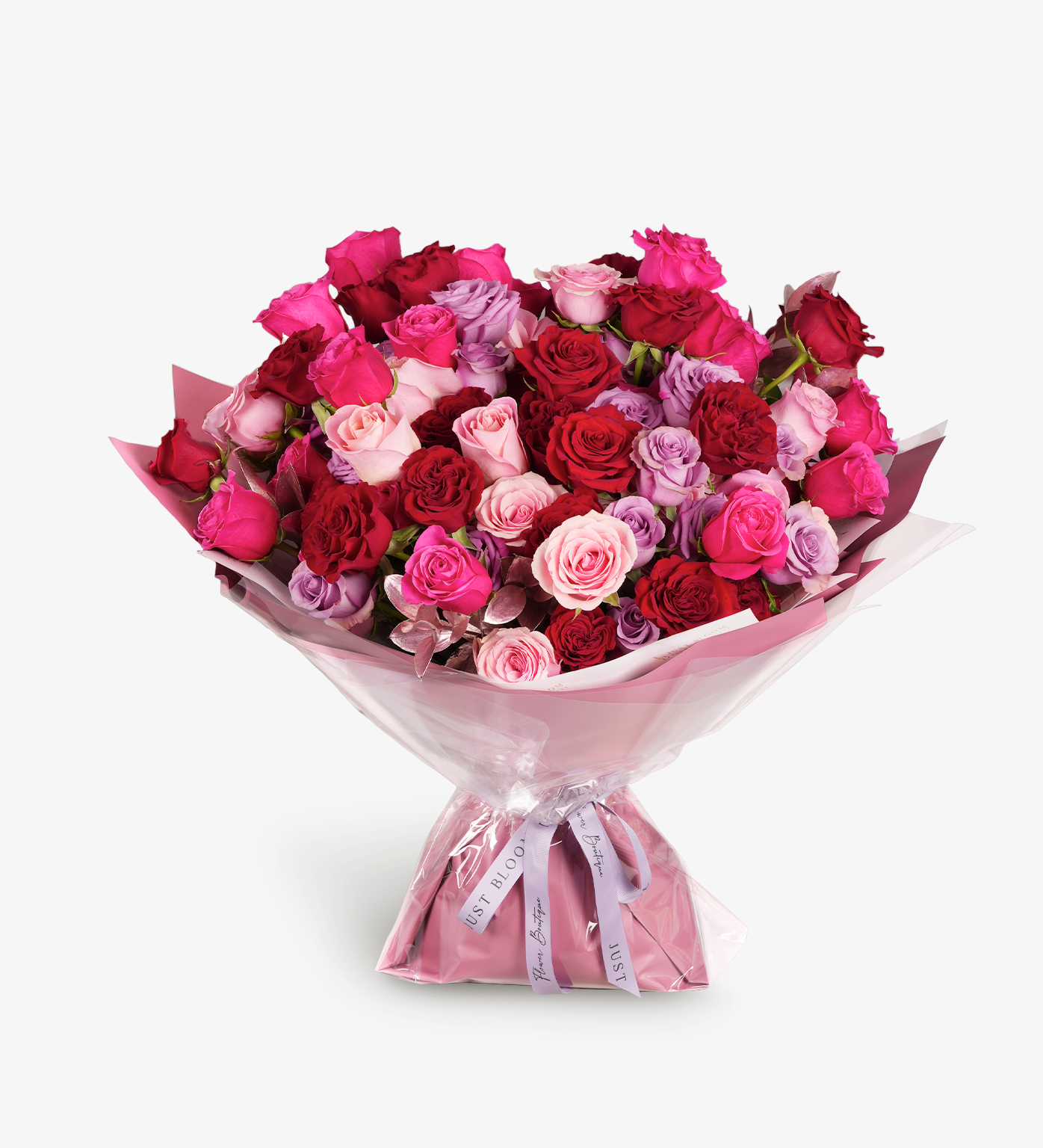 Sawyer bouquet with premium Ecuadorian red roses, pink roses, and lilac roses in elegant wrapping